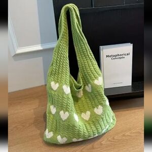 Green/White Heart Patterned Hand Knit Bag